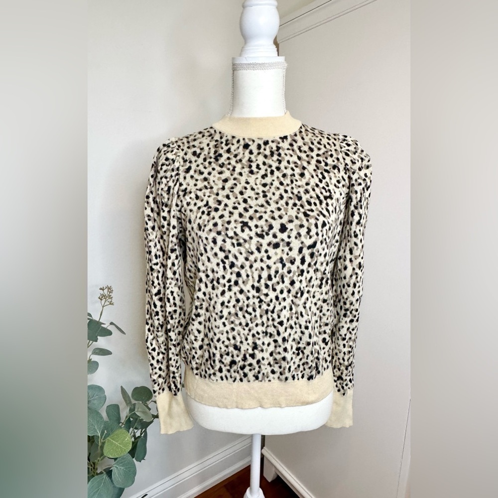 Who What Wear Shadow Leopard Print Sweater Cream Black Puff Sleeve Medium